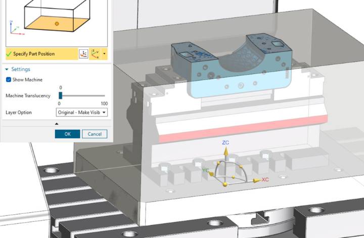 Position part and fixtures in machine context Position part and fixtures in machine context