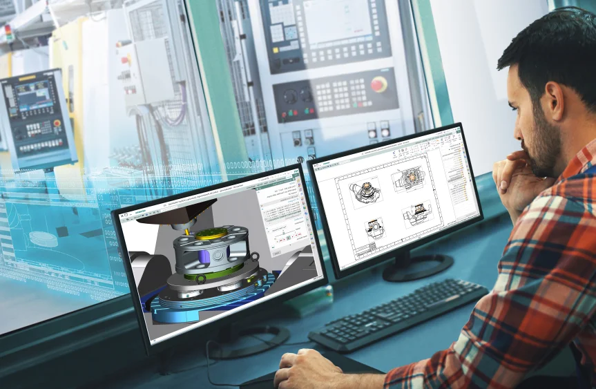 header_CAM-_software.png Man werkt met CAM programma's op een dubbele monitor