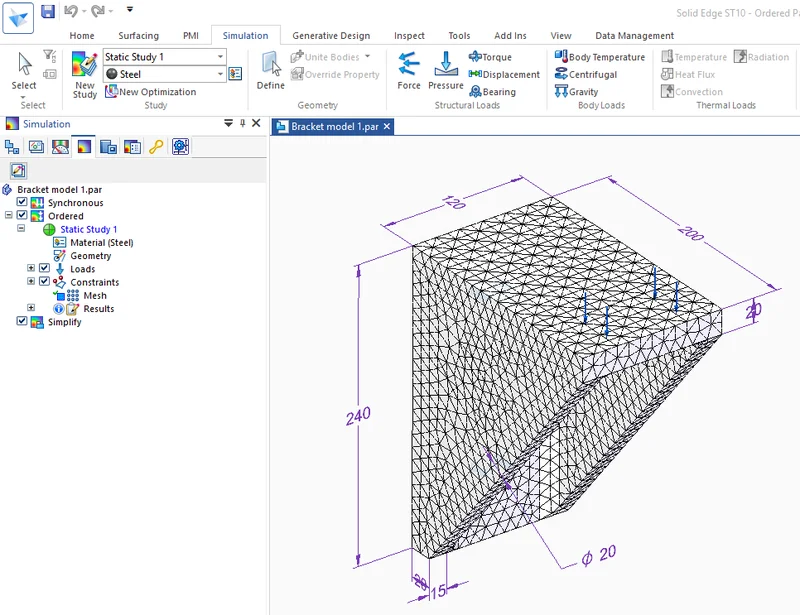 Figuur 3: De interface van Solid Edge Simulation. CAD en FEA zijn verweven in hetzelfde 3D model, wa