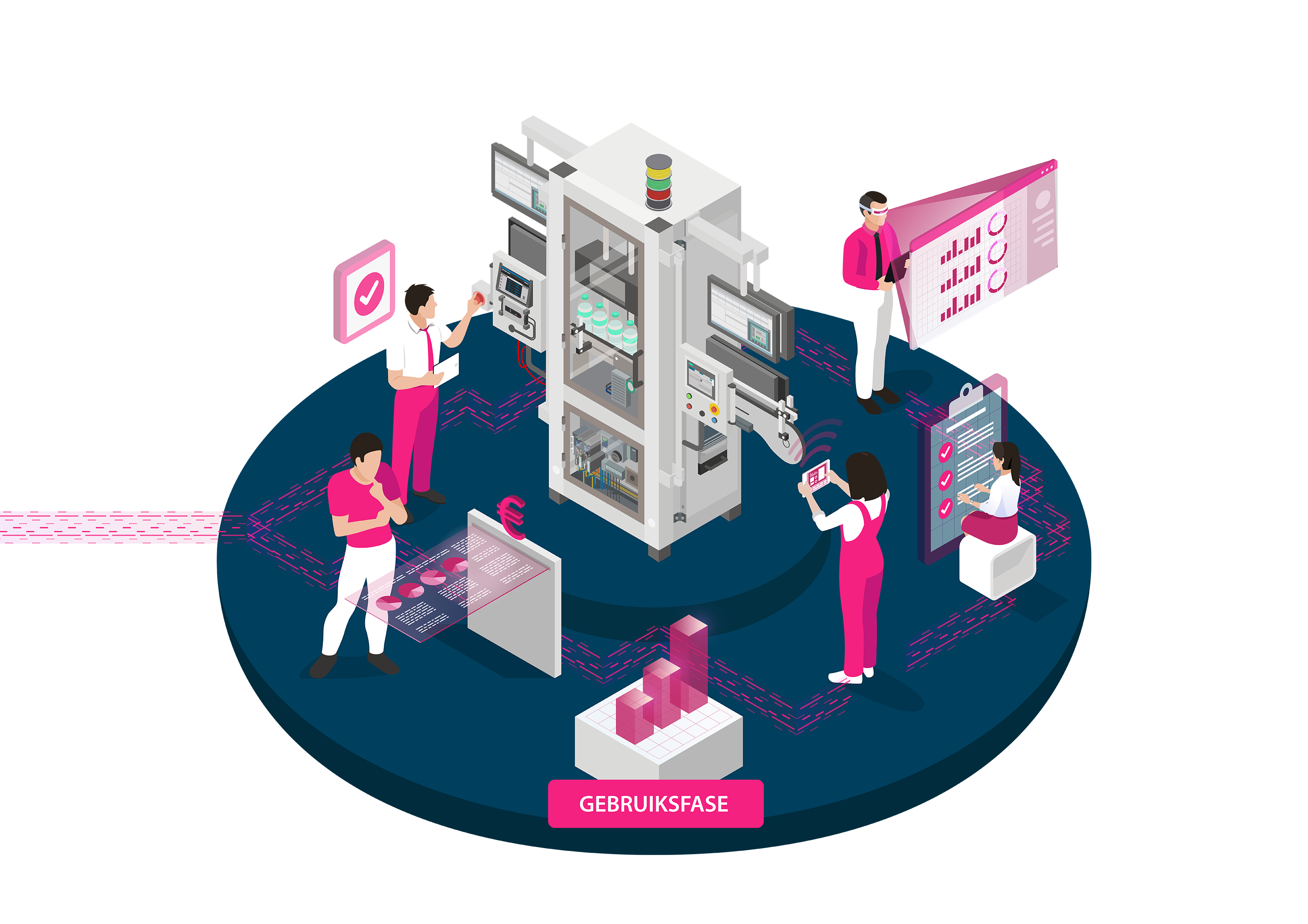 Gebruiksfase Isometrische illustratie van de gebruiksfase met 5 designers die samenwerken rond gebuikerstesten en workflowverbindingen