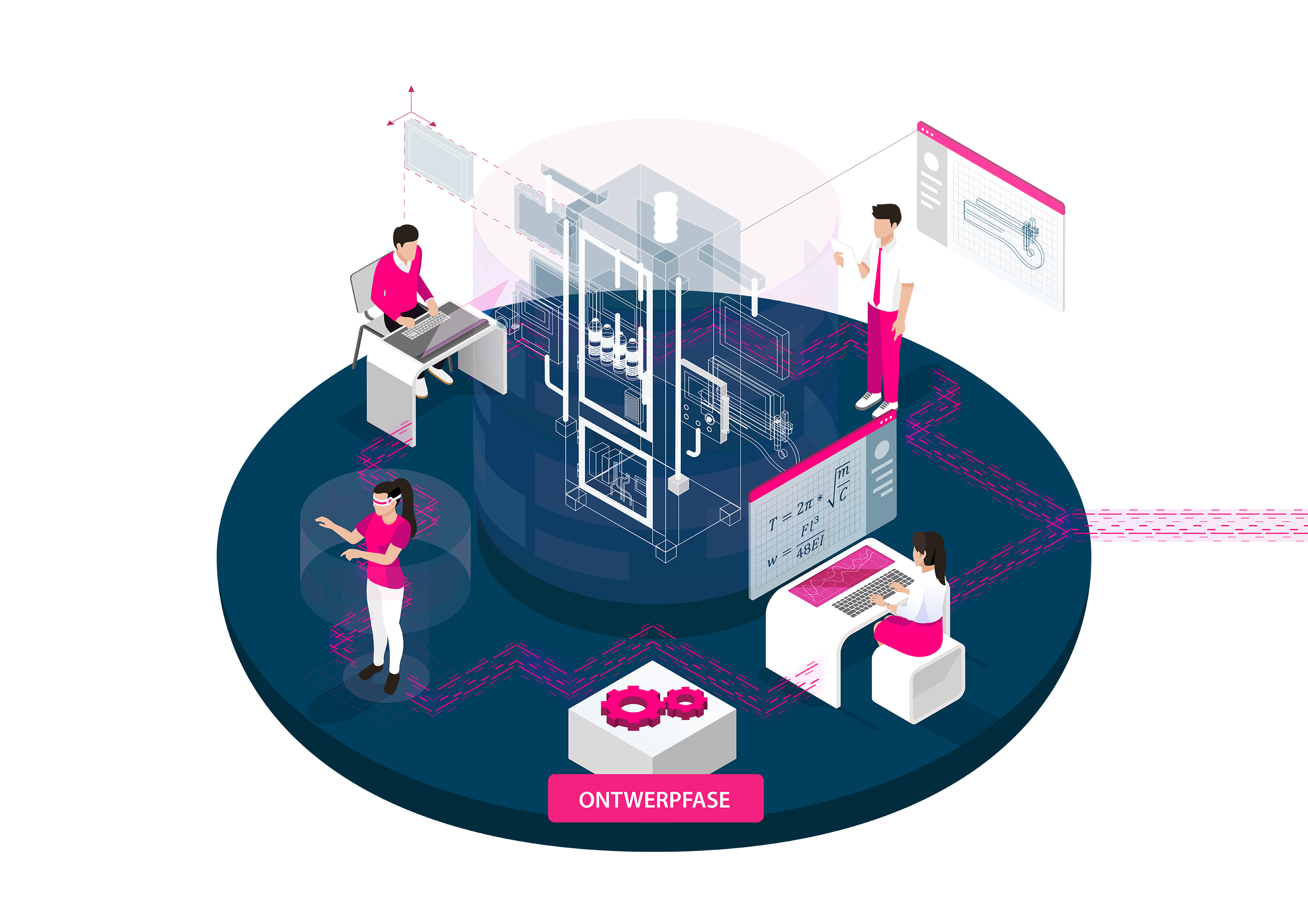 Ontwerpfase Isometrische illustratie van de ontwerpfase met vier designers die samenwerken rond technische tekeningen en workflowverbindingen