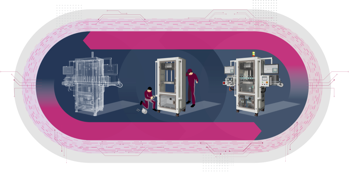 PLM Illustratie van een productieproces met drie fasen: ontwerp, assemblage en voltooide machine, met technische details en ontwerpers aan het werk.